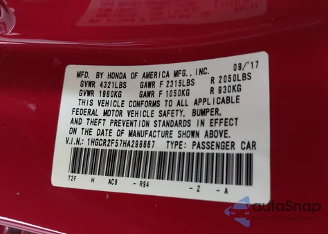 2017 Honda Accord Sport z USA, uszkodzony, nr VIN 1HGCR2F57HA298667